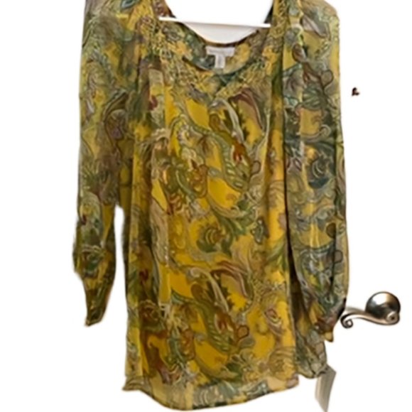 Charter Club Sheer Yellow Background Floral Paisley Print Top w/Camisole Size 14 - Picture 2 of 12